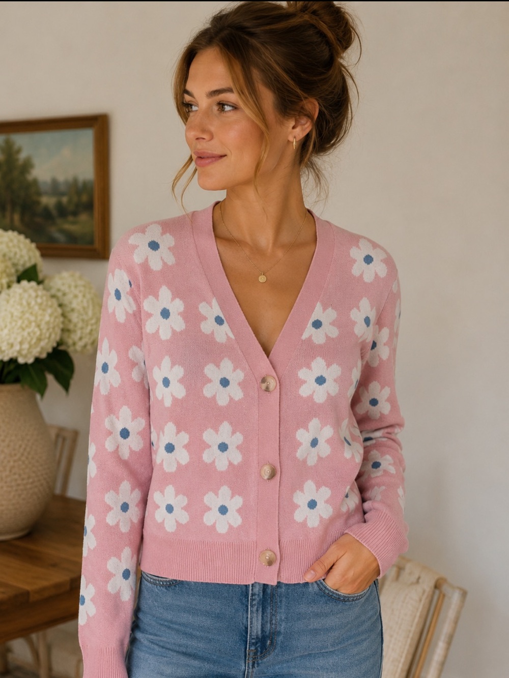 Willow & Wind Pink Floral V-Neck Button-Front Cardigan